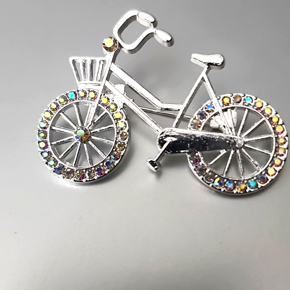 BICYCLE Brooch Simulated Irridescent Diamonds On Wheels and handles Whimsical